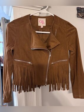 GB girls Tan Suede Fringe Moto Jacket M
